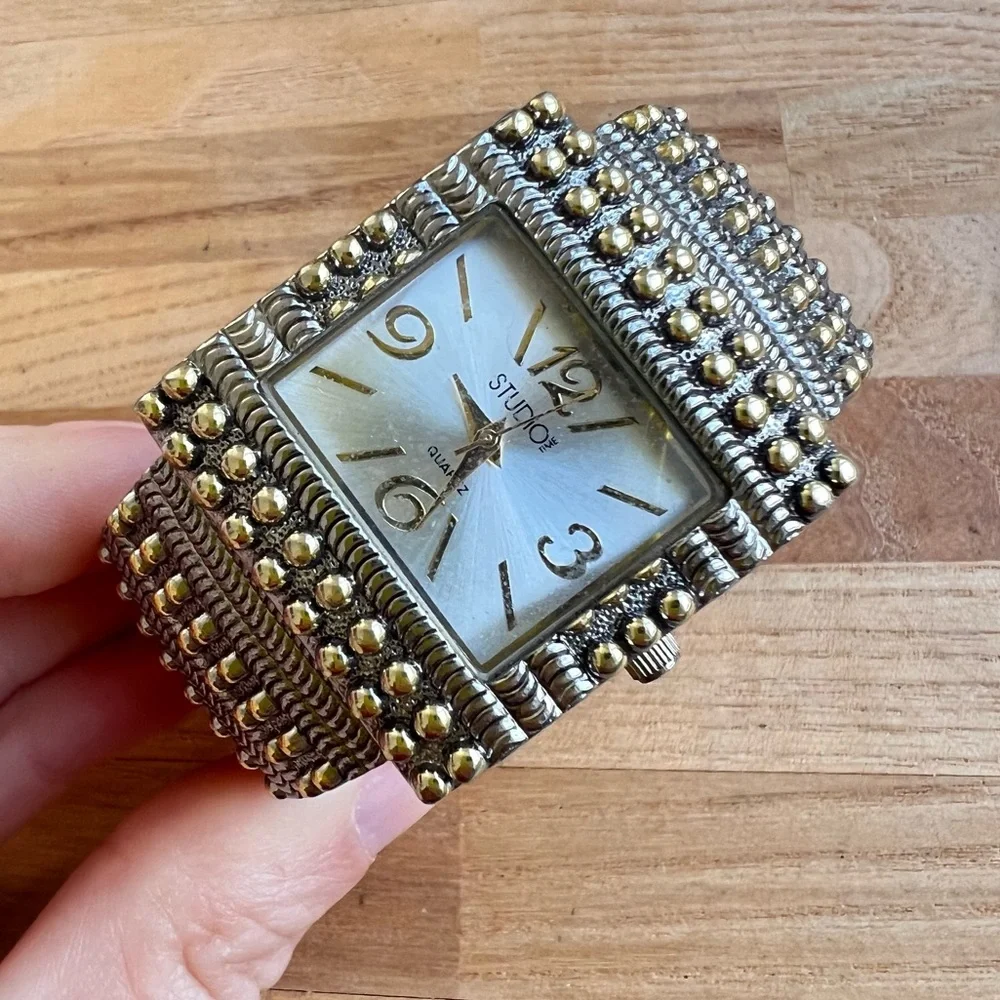 Studio time ladies two-tone hinged cuff bracelet watch NEW BATTERY